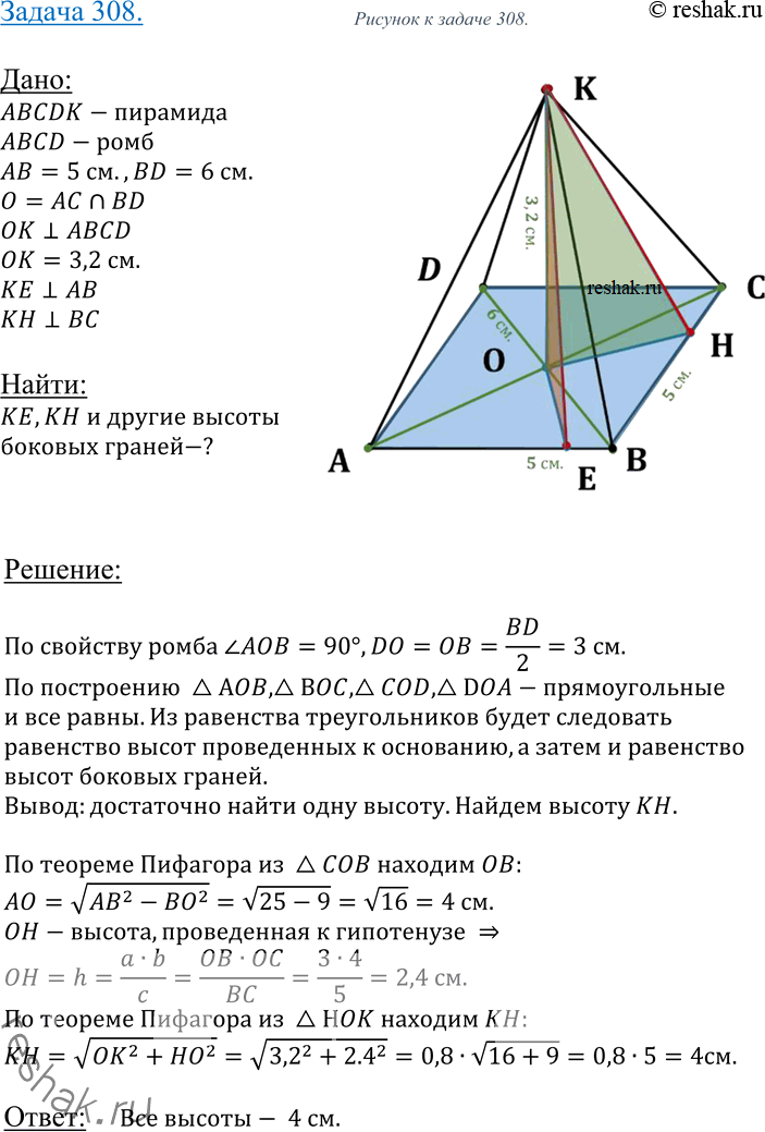 Изображение 308 Основанием пирамиды является ромб со стороной 5 см и меньшей диагональю 6 см. Высота пирамиды, равная 3,2 см, проходит через точку пересечения диагоналей ромба....