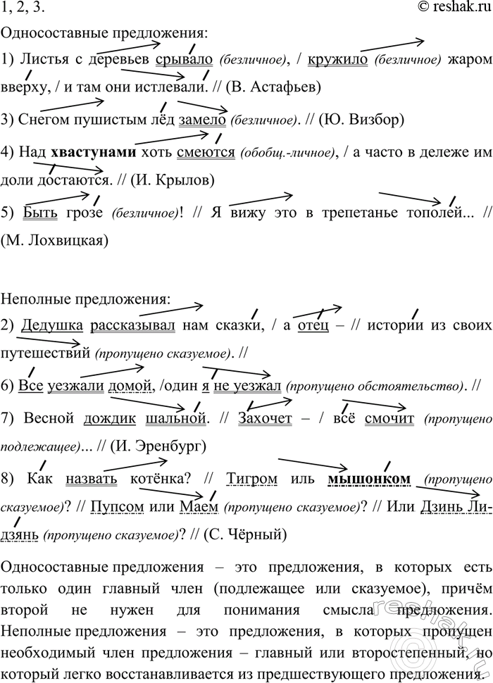 Изображение 173 1. Запишите сначала односоставные предложения, а потом неполные. В чём состоят различия между ними?1) Листья с деревьев срывало, кружило жаром вверху, и там они...
